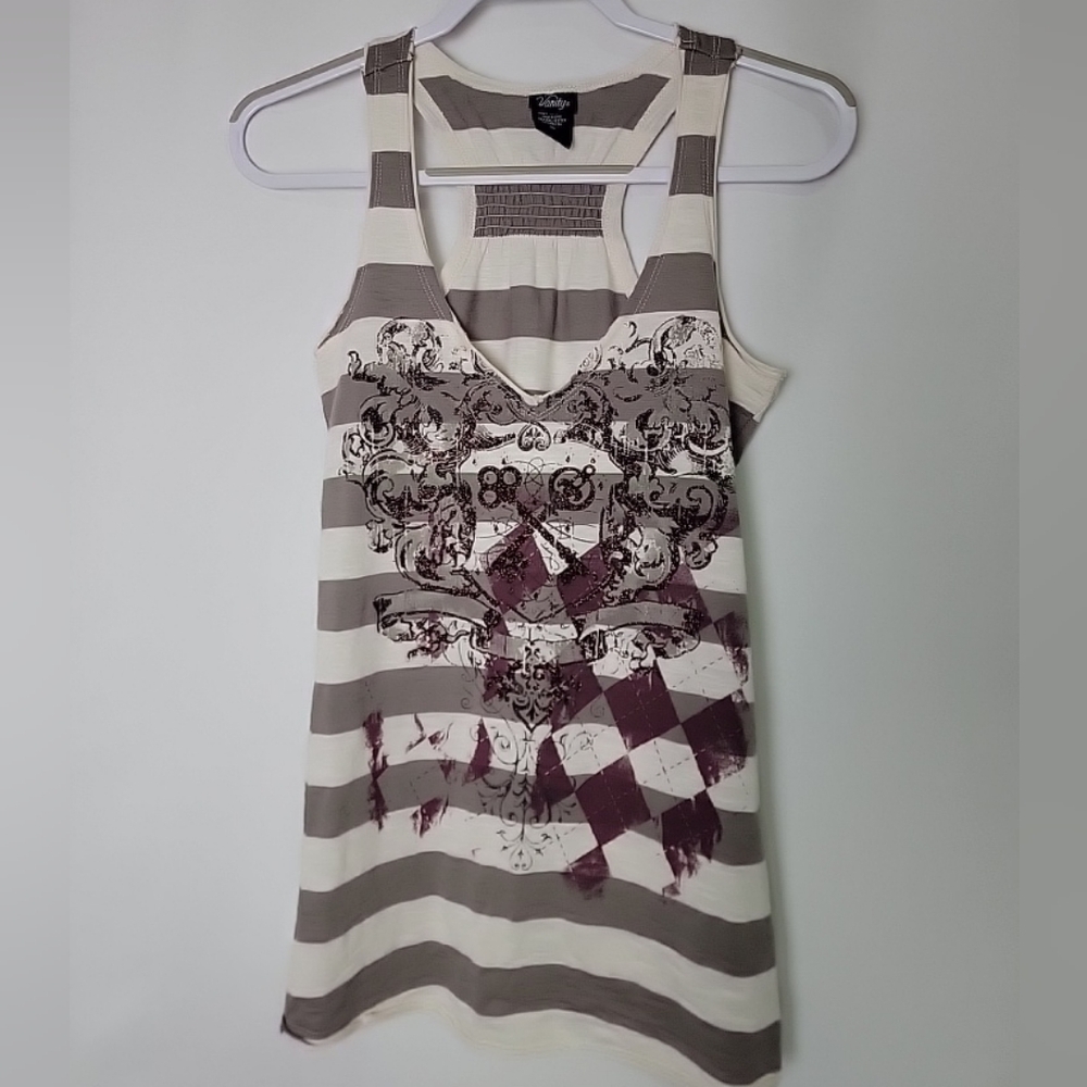 Vanity Women  Striped Graphic Racerback Tank Top Skeleton Key Glitter Small